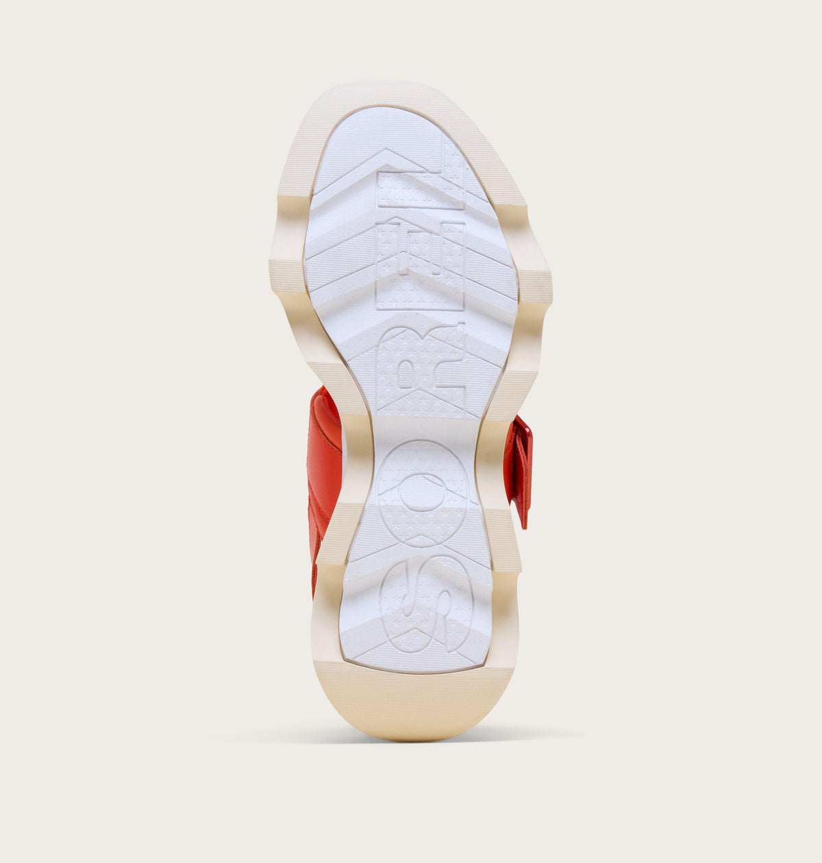 Bottom sole view of a wedge sneaker showing tread pattern and Sorel branding