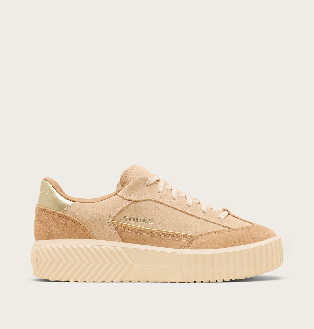 Sorel women's low-top platform sneaker in suede and mesh with gold heel accent