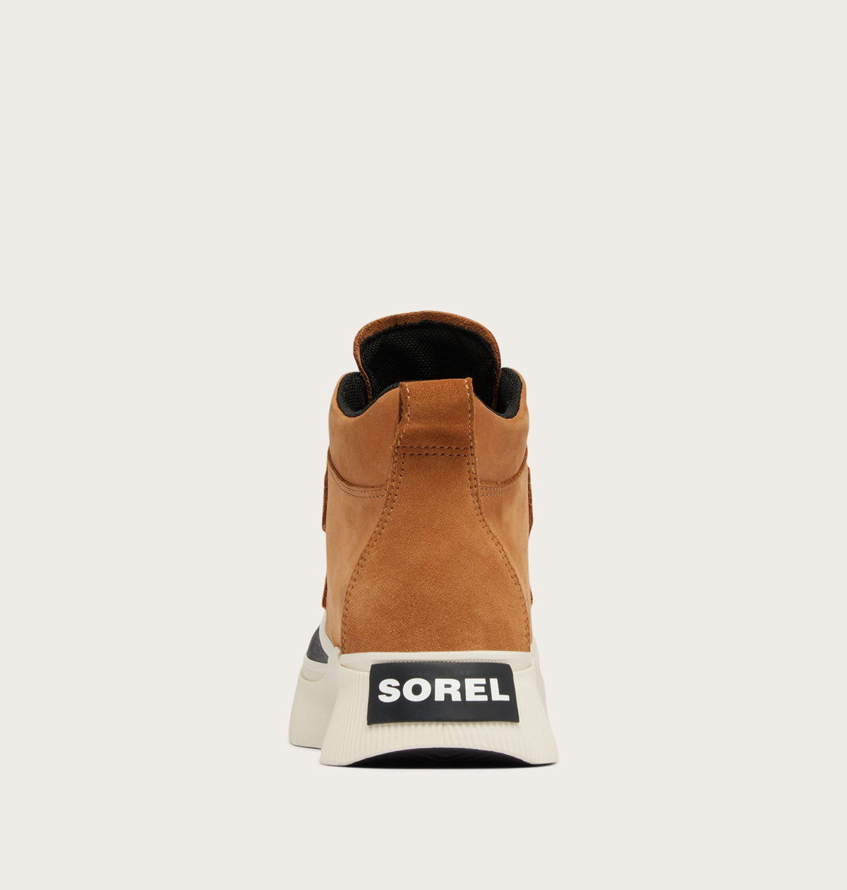 Rear view of a high-top sneaker boot with pull tab and chunky white sole