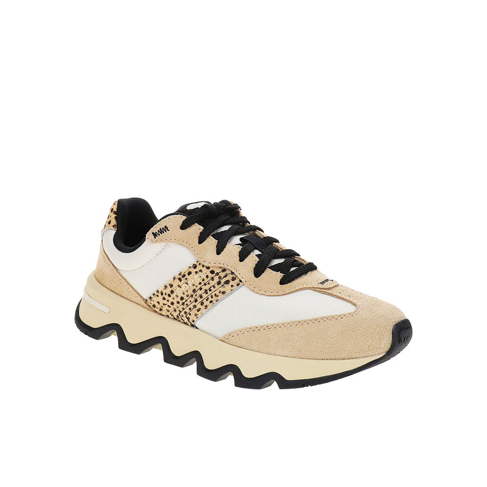 Sorel Kinetic Ember women's sneaker with beige suede, white panels, and animal print side detail