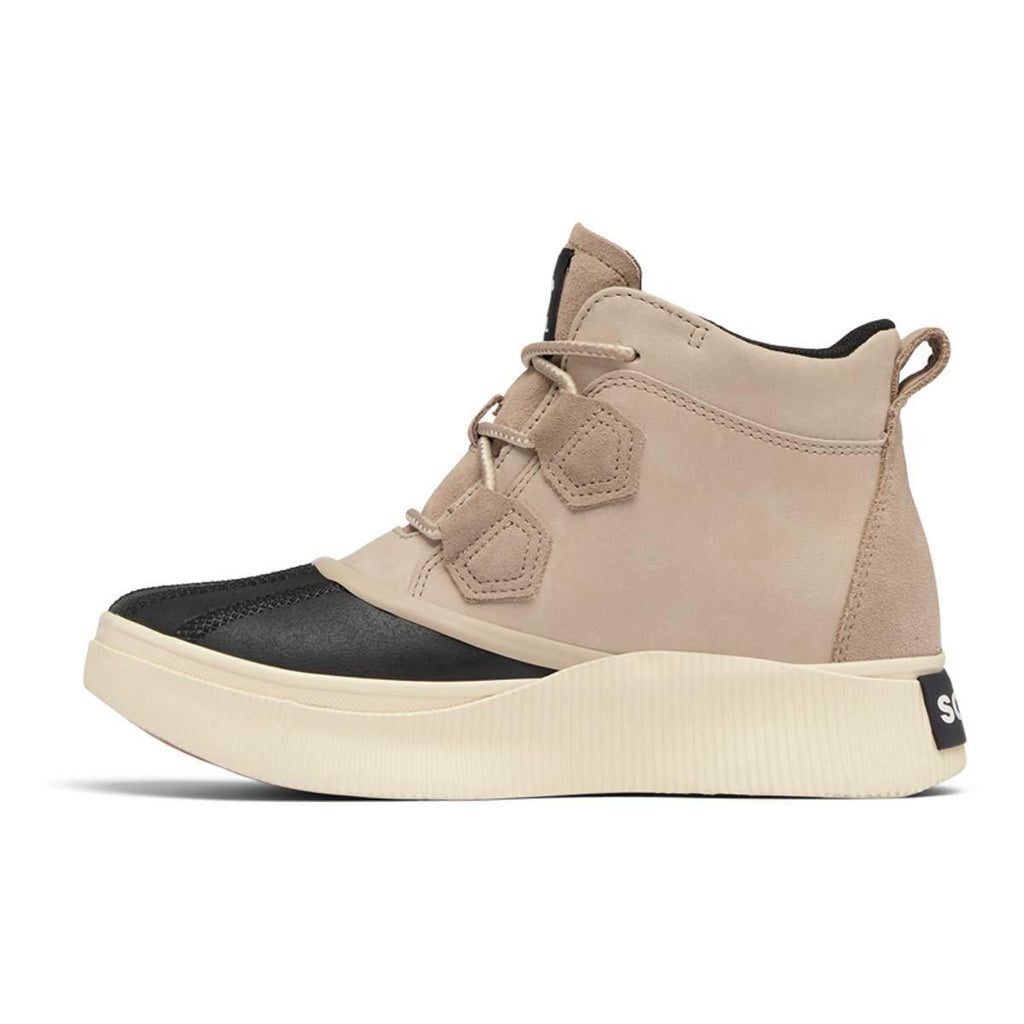 Sorel women's mid-top duck boot with tan leather upper, black toe cap, and cream platform sole