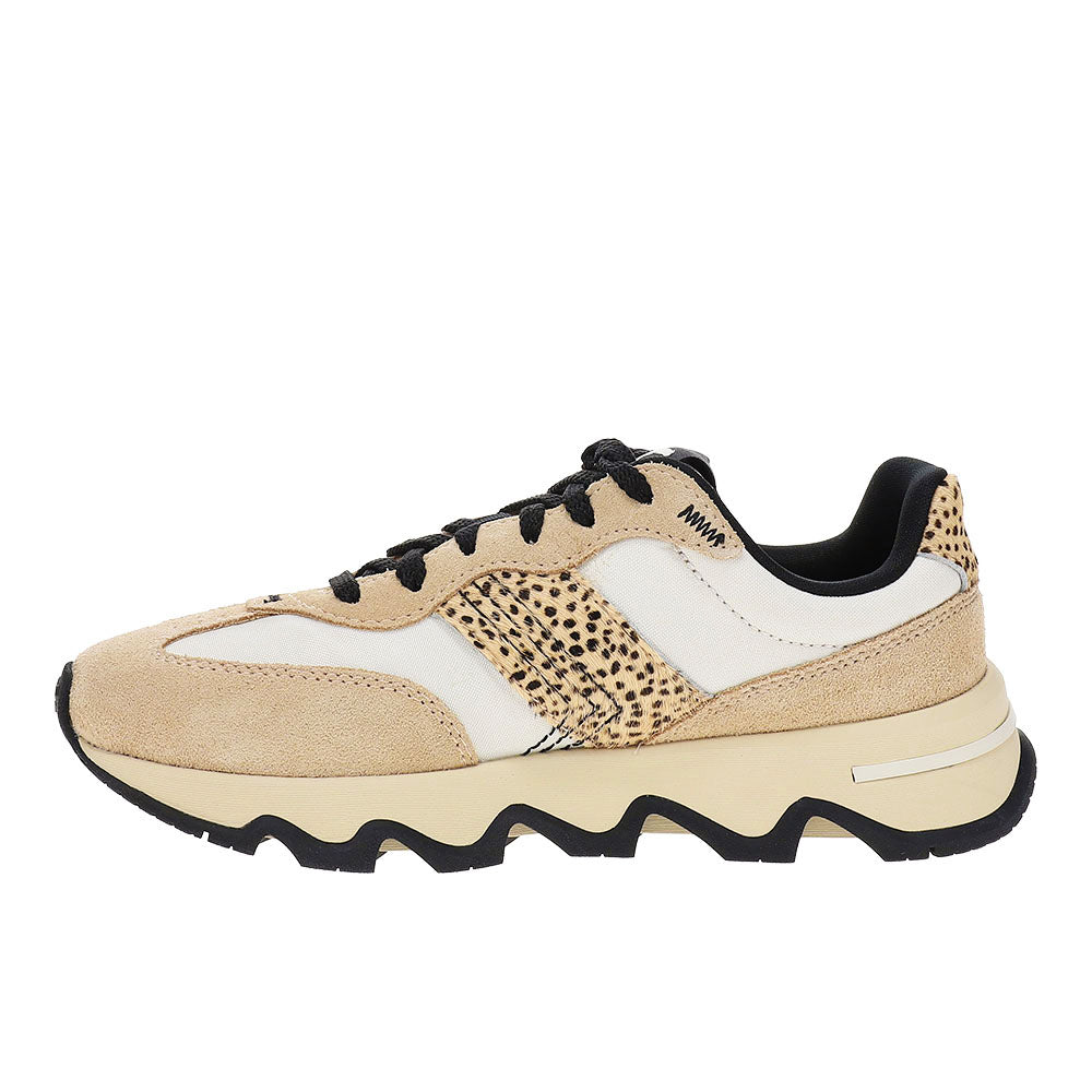 Sorel Kinetic Ember sneaker with beige suede, white mesh, and cheetah print detail panel