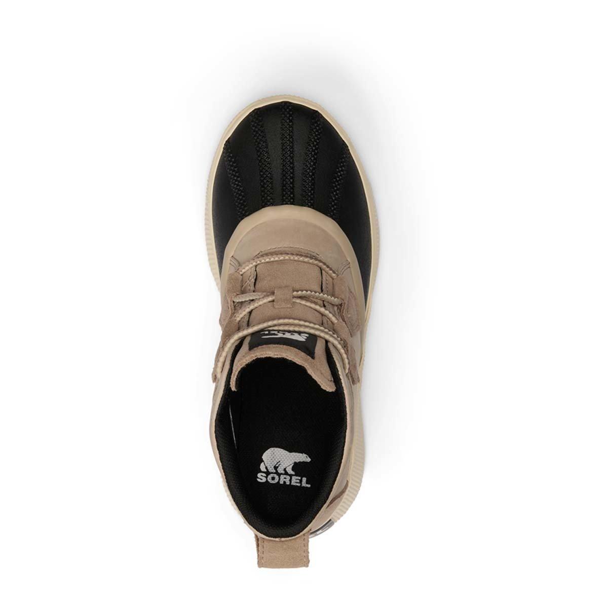 Top-down view of Sorel duck boot showing tan suede upper and black waterproof toe cap