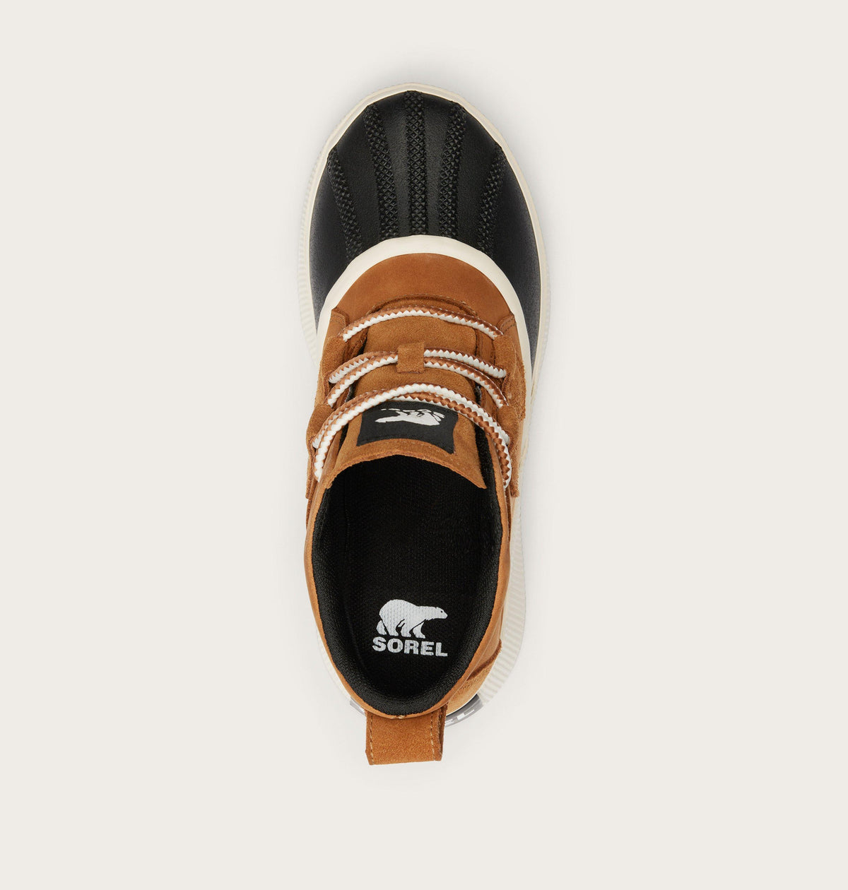 Top-down view of Sorel duck boot showing lace closure, brown suede upper, and black toe cap