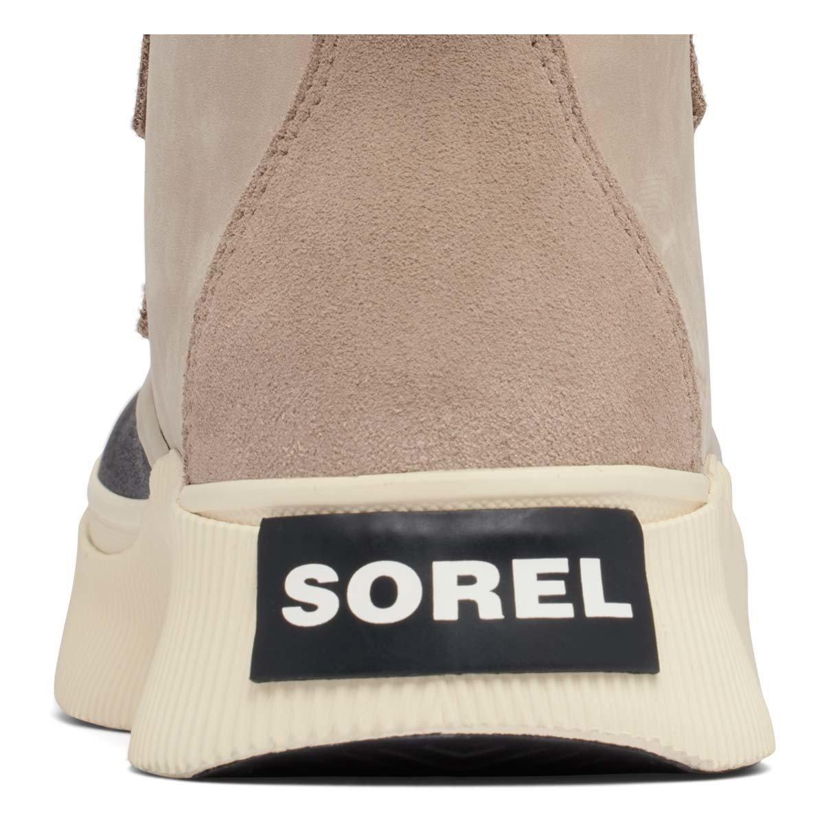 Back heel detail of Sorel women's suede boot showing chunky cream platform sole with logo