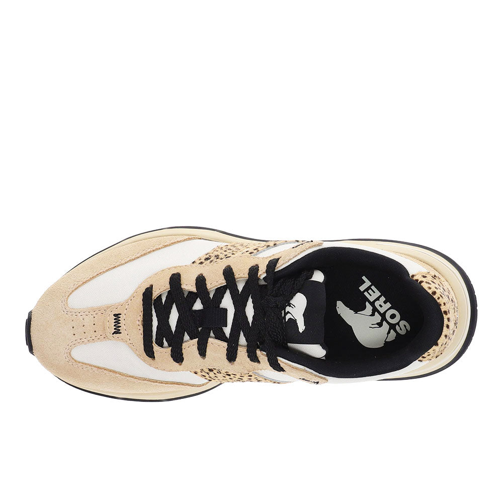 Sorel Kinetic Ember sneaker shown from above with black laces and leopard print detailing
