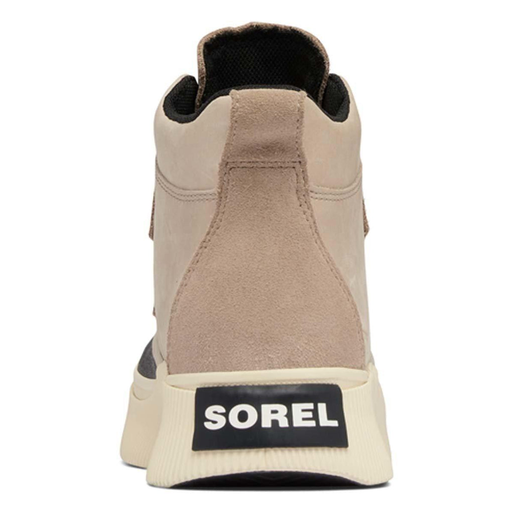 Rear view of Sorel high-top sneaker boot with suede upper and chunky white sole