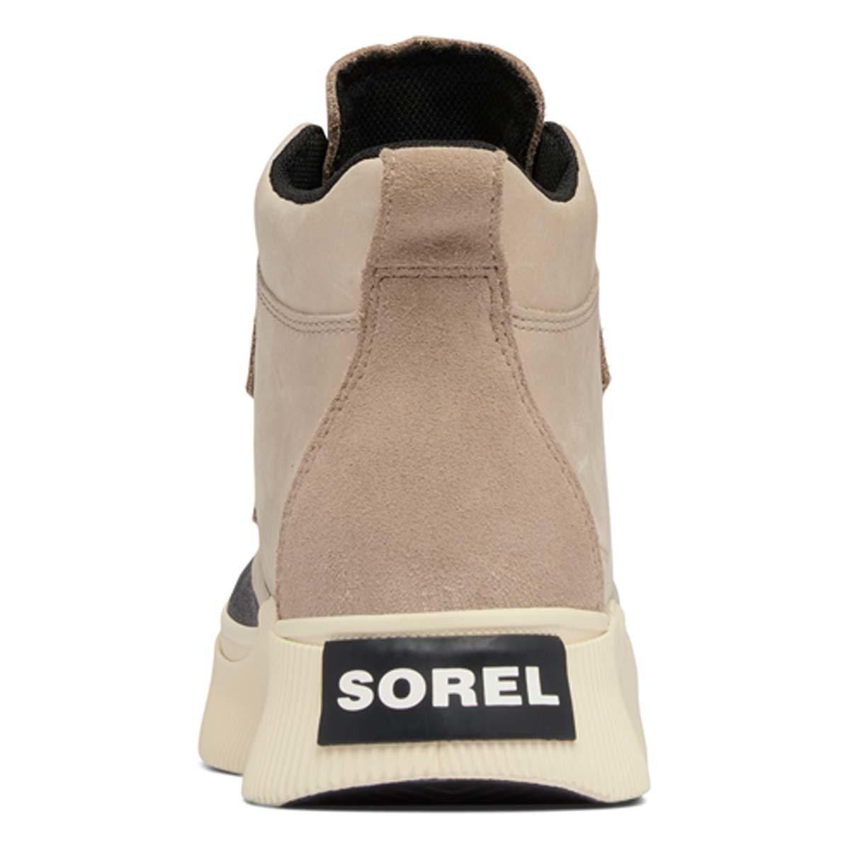 Rear view of Sorel high-top sneaker boot with suede upper and chunky white sole