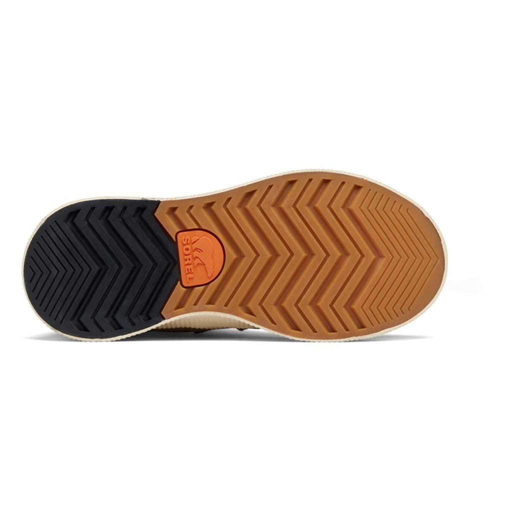 Bottom sole view of Sorel sneaker showing chevron tread pattern and brand logo