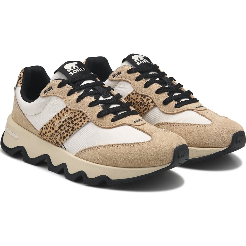 Sorel women's lace-up sneakers with suede, canvas, and leopard print detailing on chunky sole