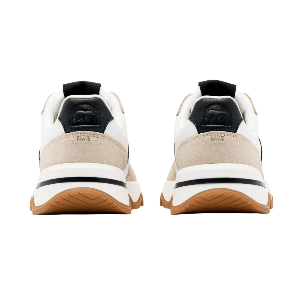 Rear view of Sorel women's chunky sneakers with beige suede, white midsole, and gum outsole