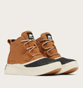 Sorel women's waterproof mid-top sneaker boot with tan suede upper and black rubber toe