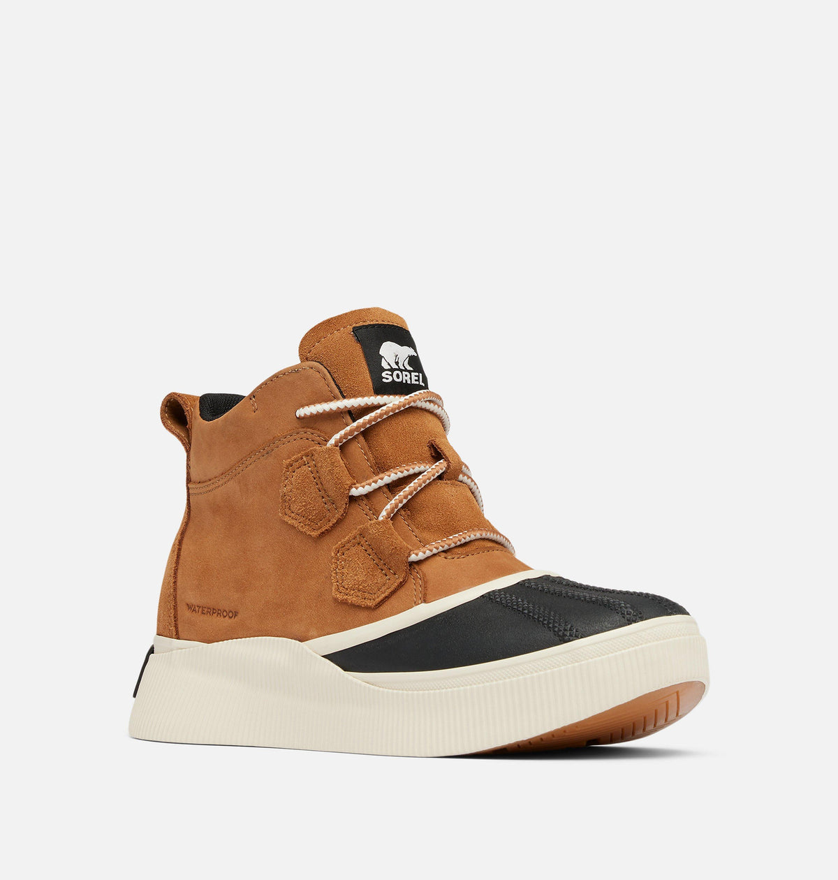 Sorel waterproof ankle boot with suede upper, cream midsole, and black rubber toe cap