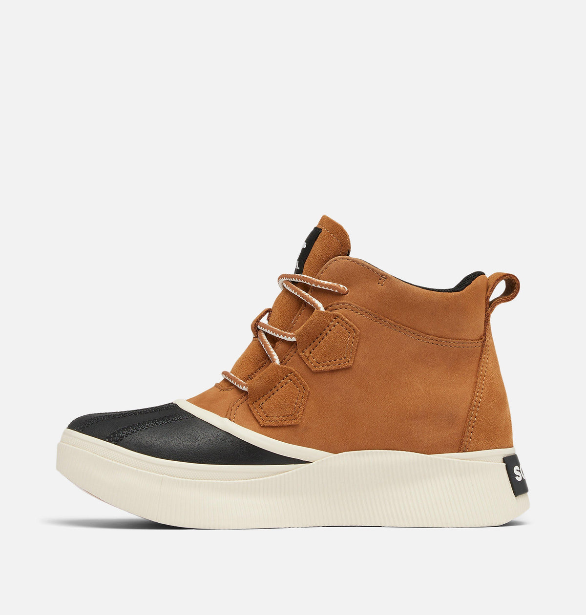 Sorel womens mid-top duck boot with lace-up front, black toe cap, and white platform sole