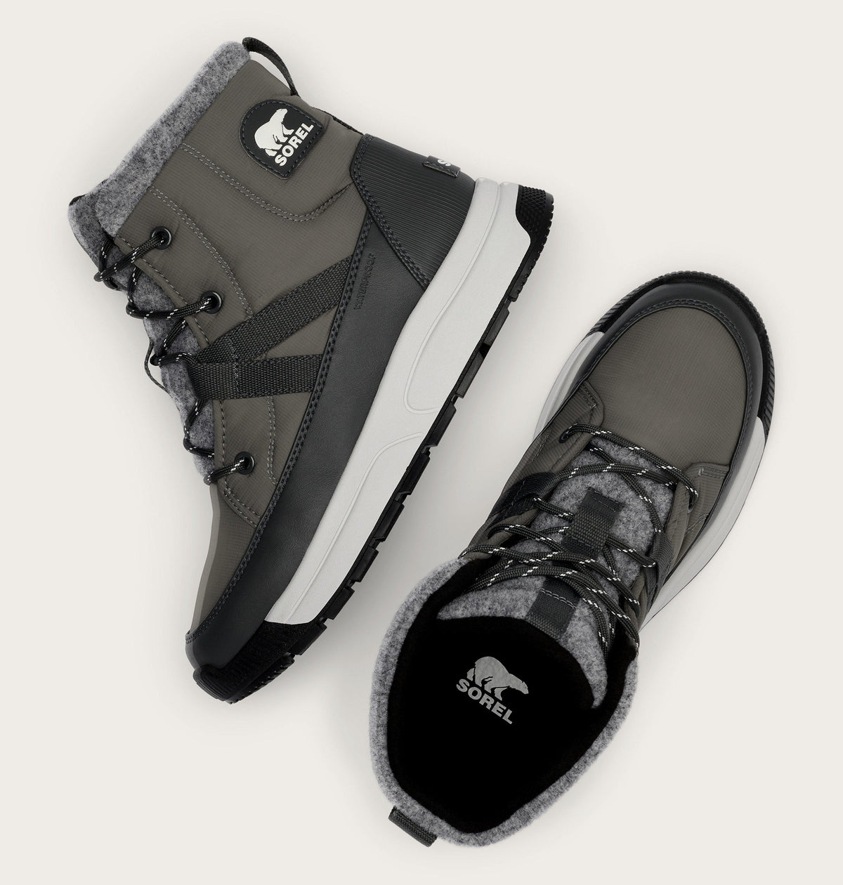 Sorel Whitney III Mid WP boots shown as a pair, side and top-down angles