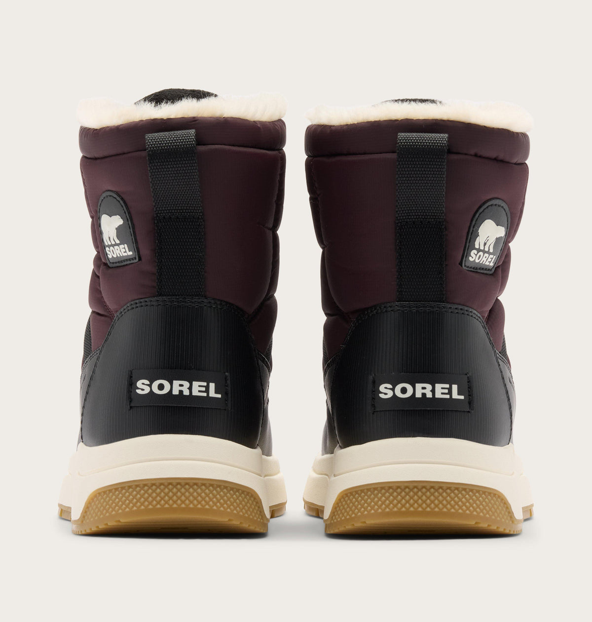 Sorel Whitney III Mid WP winter boots shown from behind, pair displayed together