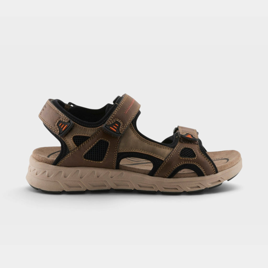 Men's sport sandal with adjustable hook-and-loop straps, mesh panels, and cushioned sole