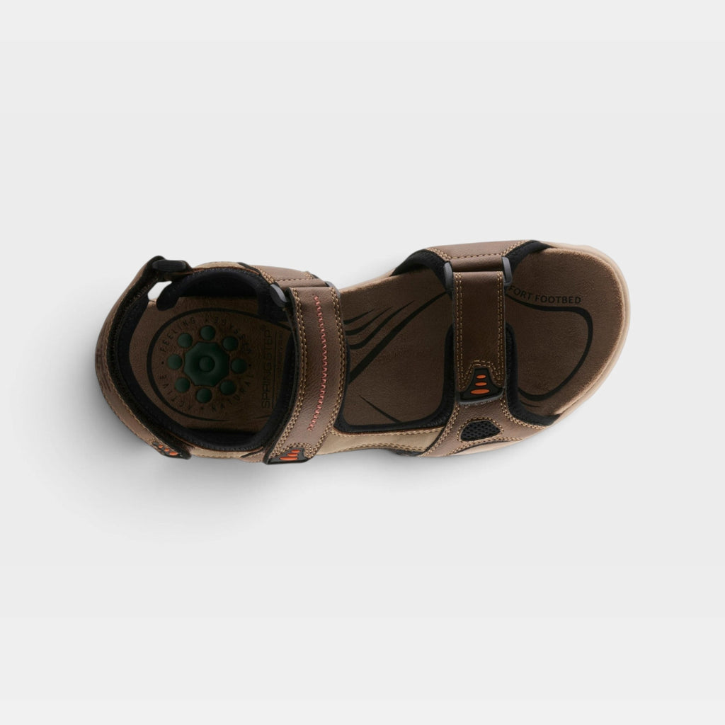 Top-down view of a men's sport sandal with velcro straps and comfort footbed