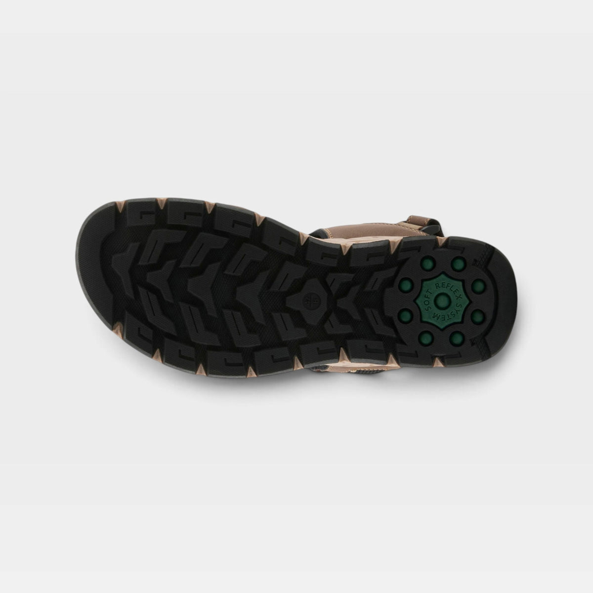 Bottom sole view of men's sandal showing rugged black tread pattern and green reflex system heel