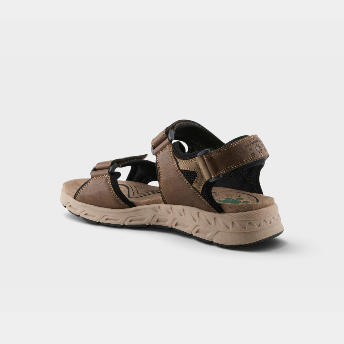 Men's sport sandal with adjustable straps, cushioned footbed, and chunky tread sole, rear view
