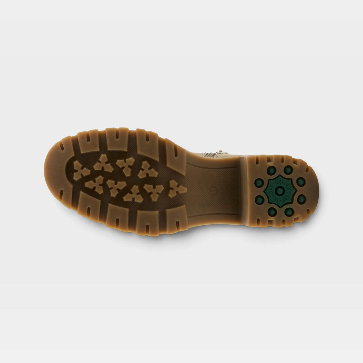 Bottom sole view of a chunky lug-sole boot with treaded grip pattern and green heel detail