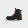 Women's lace-up combat ankle boot with tweed collar panel and side zipper