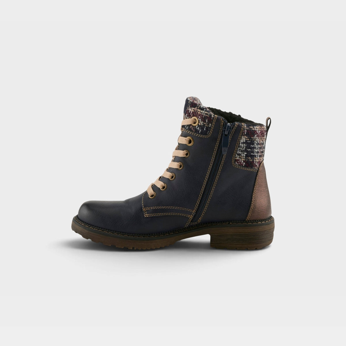 Women's lace-up combat ankle boot with tweed collar panel and side zipper