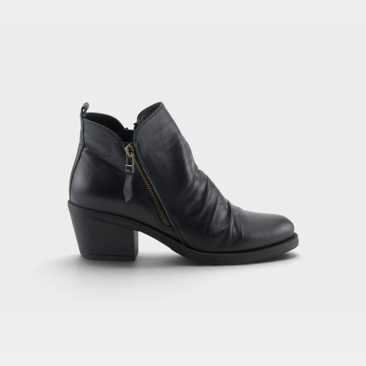 Women's leather ankle bootie with ruched side zip detail and stacked block heel