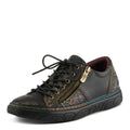 Spring Step Lauria women's black leather lace-up sneaker with side zipper and colorful stitching details