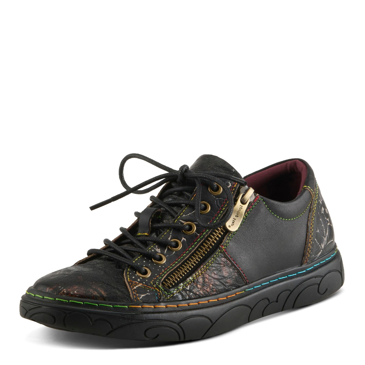 Spring Step Lauria women's black leather lace-up sneaker with side zipper and colorful stitching details