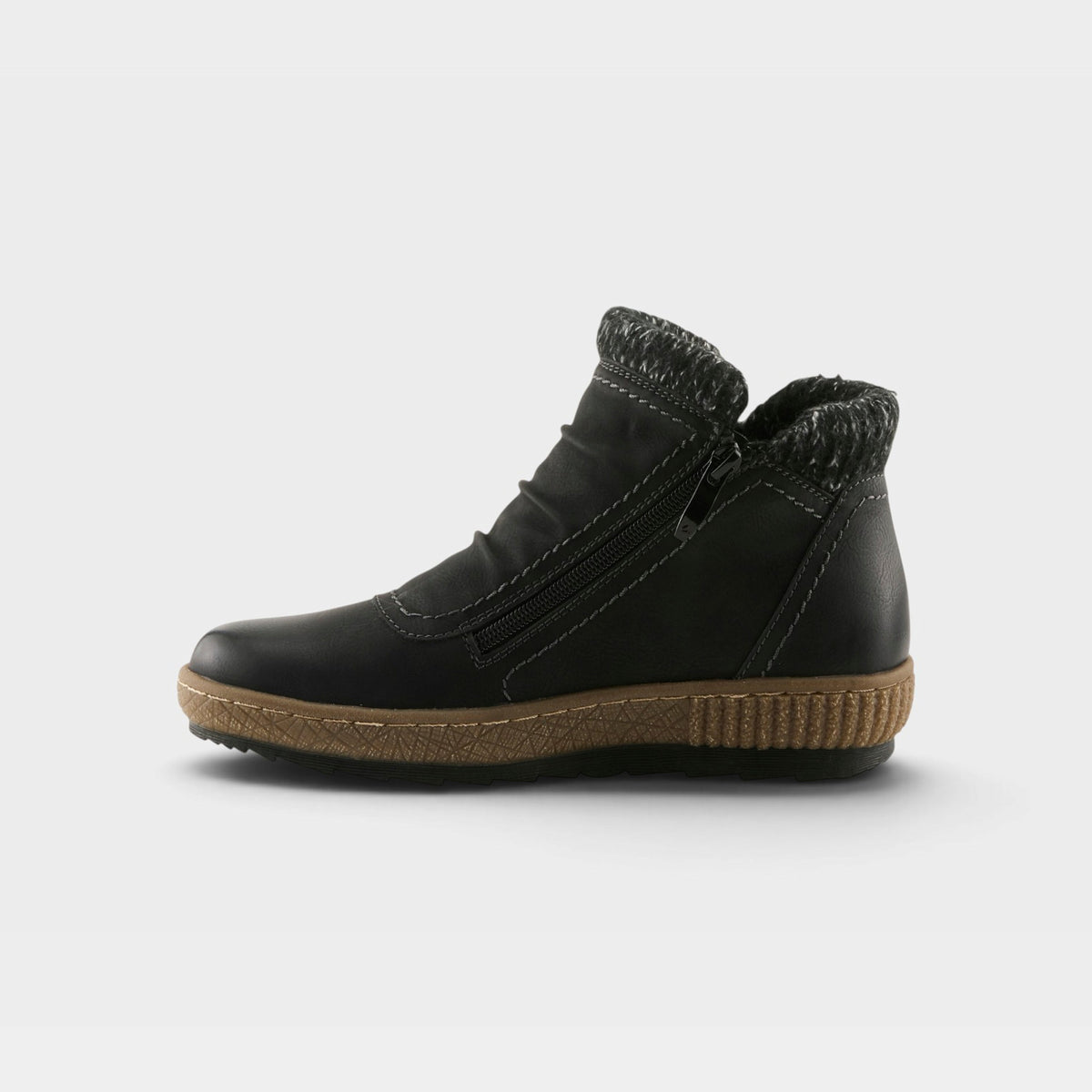 Women's ankle boot with side zipper, knit collar trim, and tan textured sole