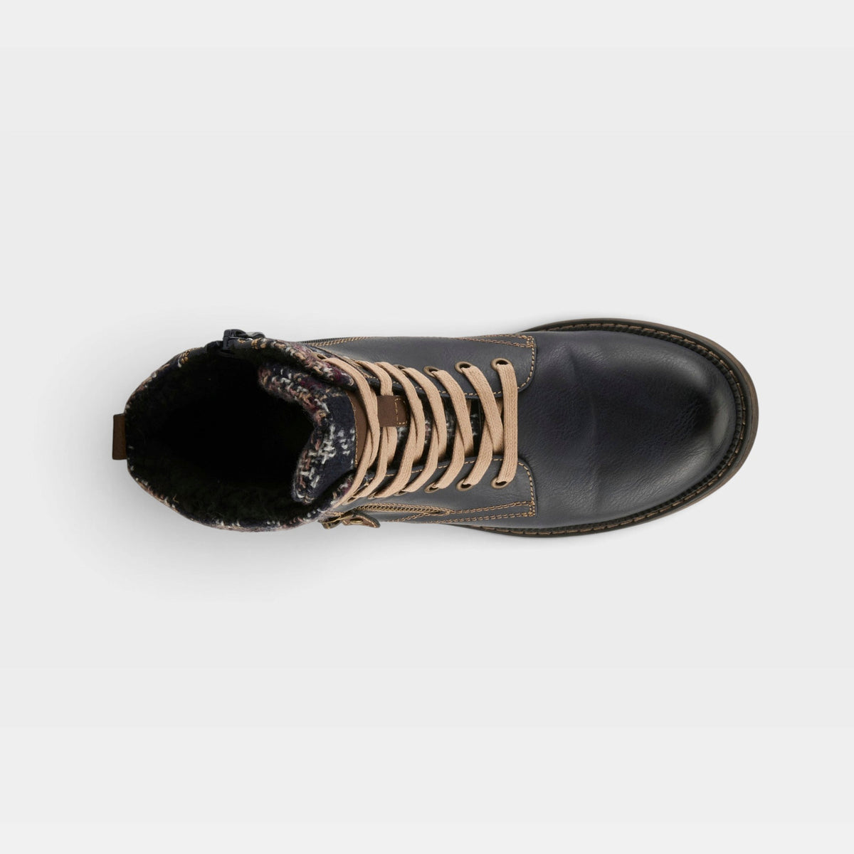 Top-down view of a navy lace-up ankle boot with faux fur lining and tweed collar trim