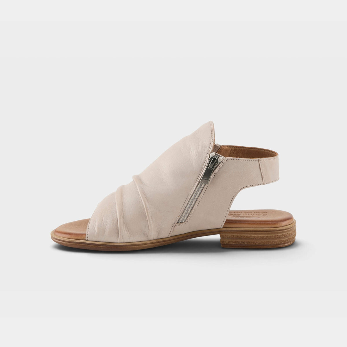 Spring Step Jalaya flat sandal with ruched leather upper, side zipper, and open toe