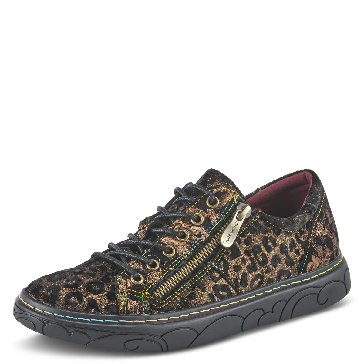 Spring Step Lauria women's leopard print sneaker with gold zipper and lace-up closure
