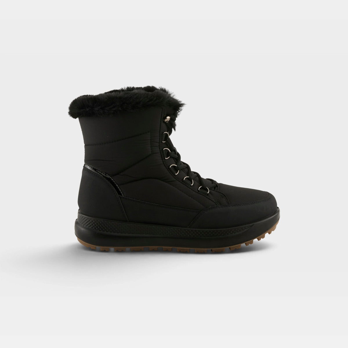 Women's lace-up winter snow boot with faux fur collar trim and rubber lug sole