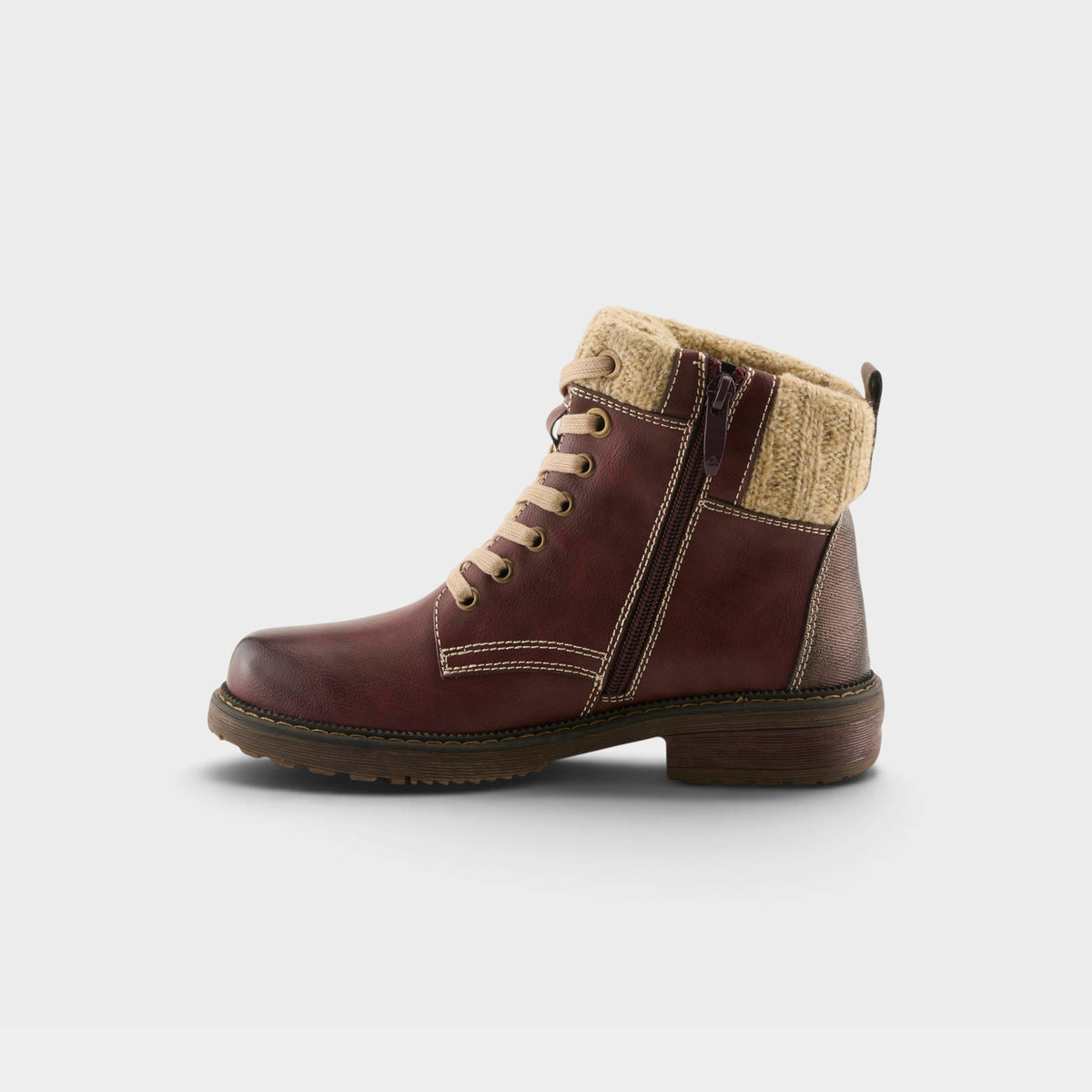 Women's lace-up ankle boot with side zipper and knit cuff collar on chunky sole
