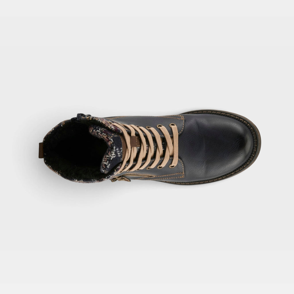 Top-down view of a black leather lace-up ankle boot with tan laces and sherpa lining