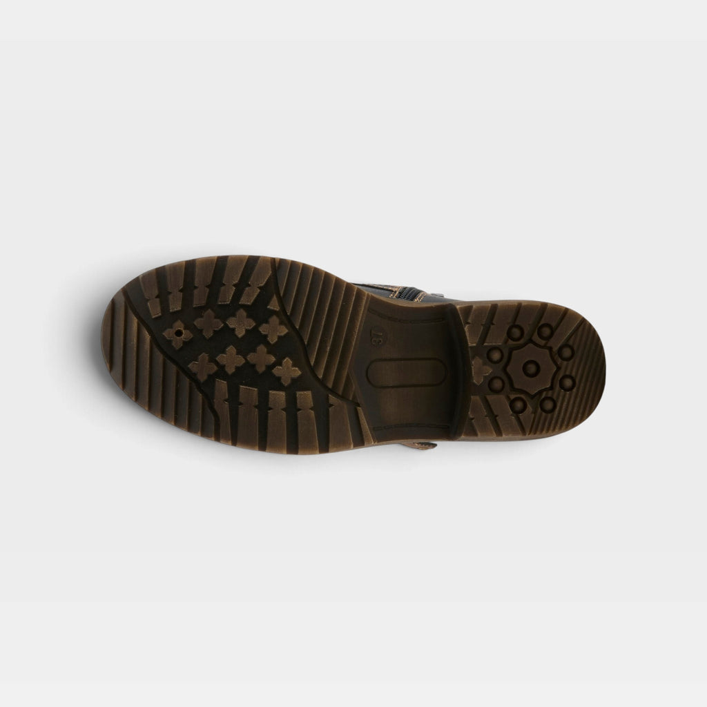 Bottom sole view of a chunky-treaded boot with decorative floral and circular grip patterns