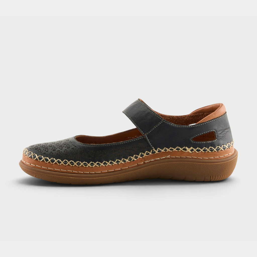 Spring Step Janah women's Mary Jane flat with decorative stitching and tan sole, lateral view