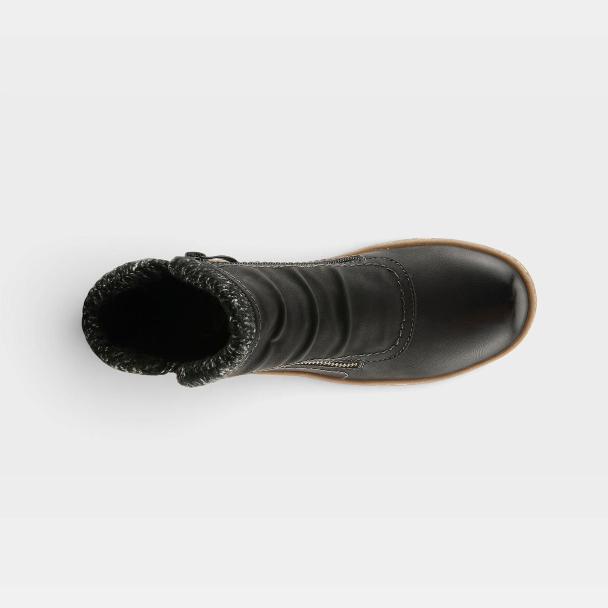 Top-down view of a black leather ankle boot with knit collar trim and side zipper