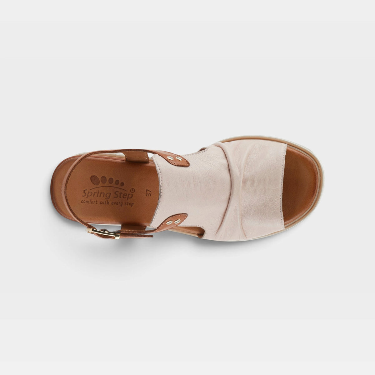 Spring Step Locals sandal overhead view showing blush upper with tan leather ankle strap and buckle