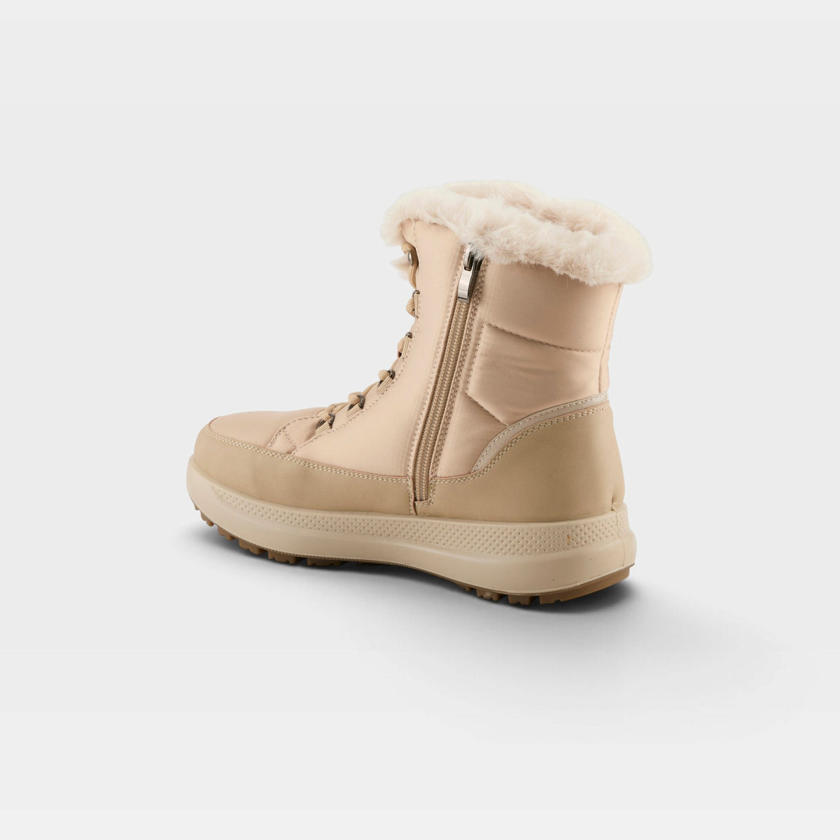 Women's winter boot with fur trim collar, side zipper, and chunky rubber sole, rear view