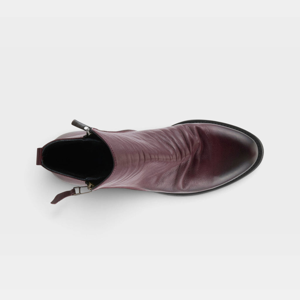 Top-down view of a leather ankle boot with side zipper and pointed toe