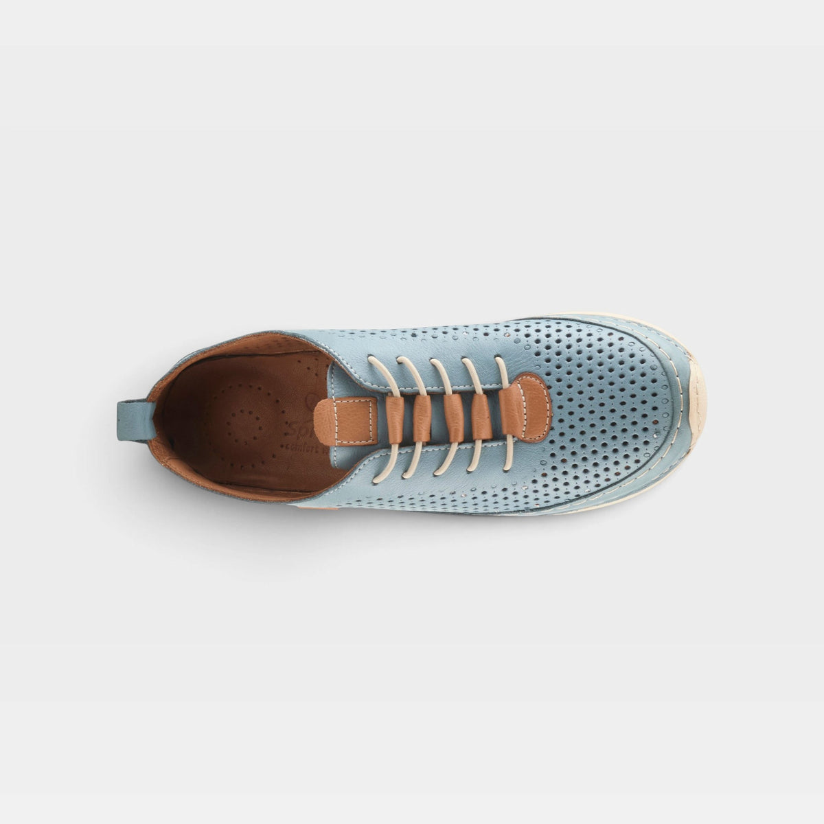 Top-down view of a perforated light blue leather lace-up sneaker with tan interior