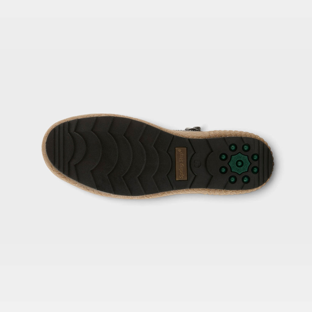 Bottom sole view of Spring Step Cleora boot showing chevron tread pattern and brand label