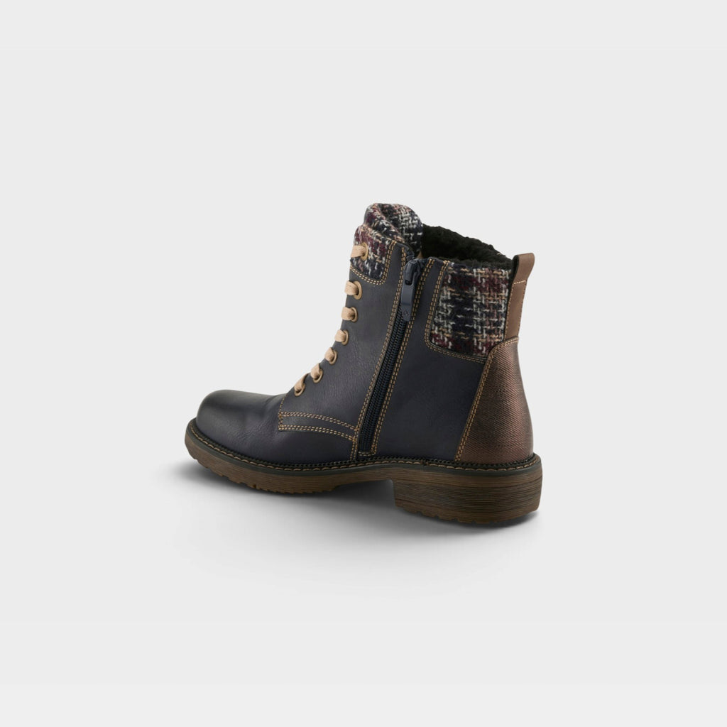 Spring Step Relife Khazera women's ankle boot, rear three-quarter view showing zipper and tweed detail