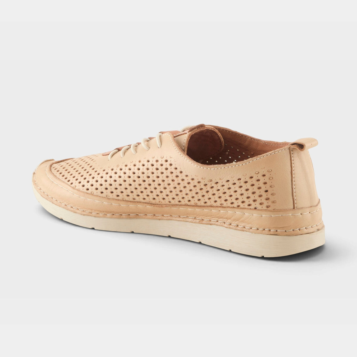 Rear three-quarter view of a perforated leather lace-up casual sneaker with white sole