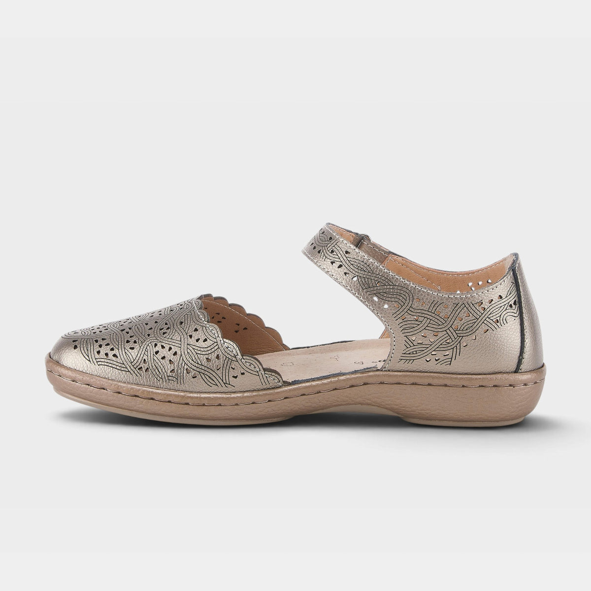 Spring Step Sabriye women's flat shoe with laser-cut floral pattern and ankle strap