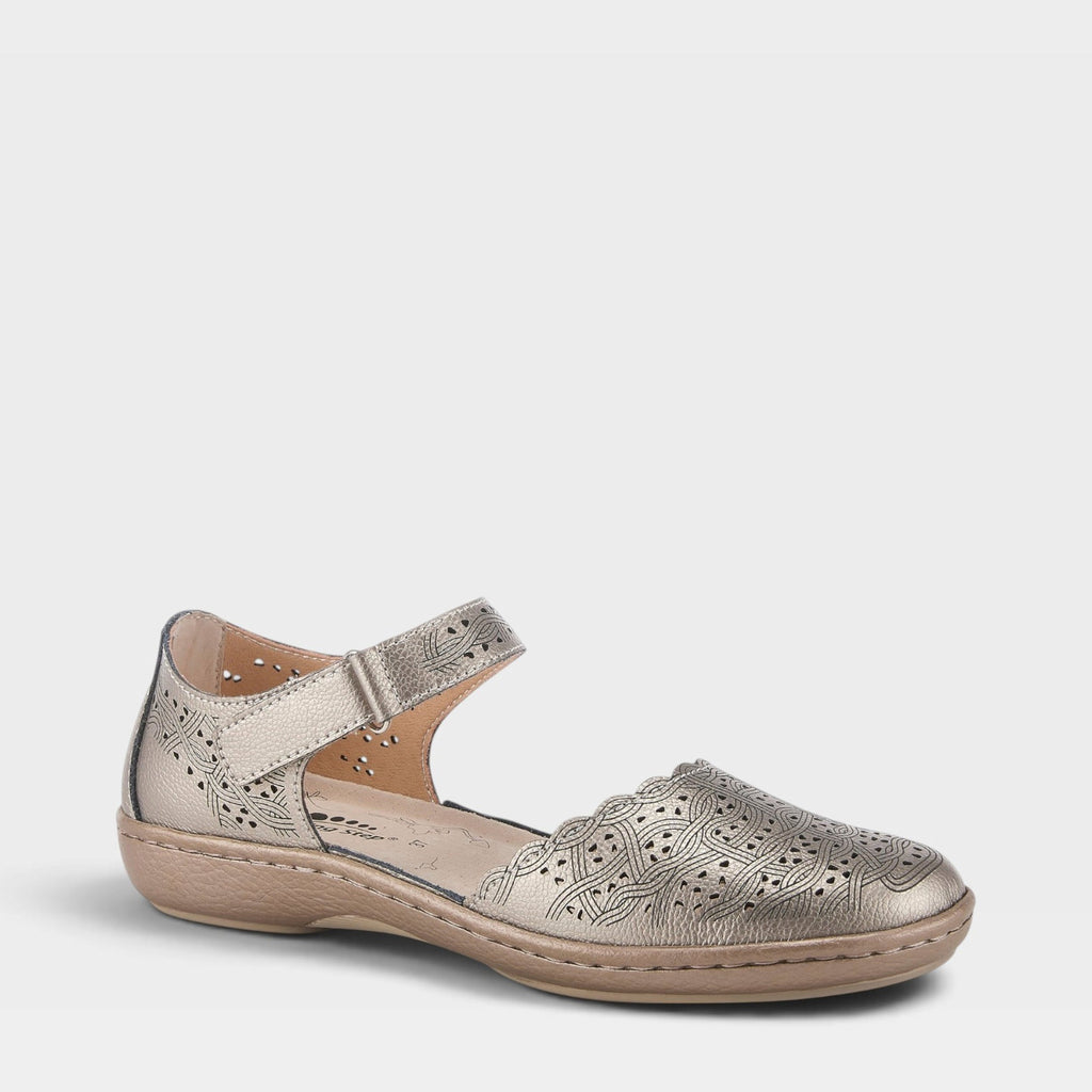 Women's flat Mary Jane shoe with laser-cut floral perforations and ankle strap closure