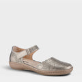 Women's flat Mary Jane shoe with laser-cut floral perforations and ankle strap closure